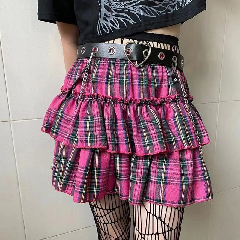 Unleash Your Dark Gothic Side with Our Ruffled Elastic Waist Striped Plaid Mini Skirt