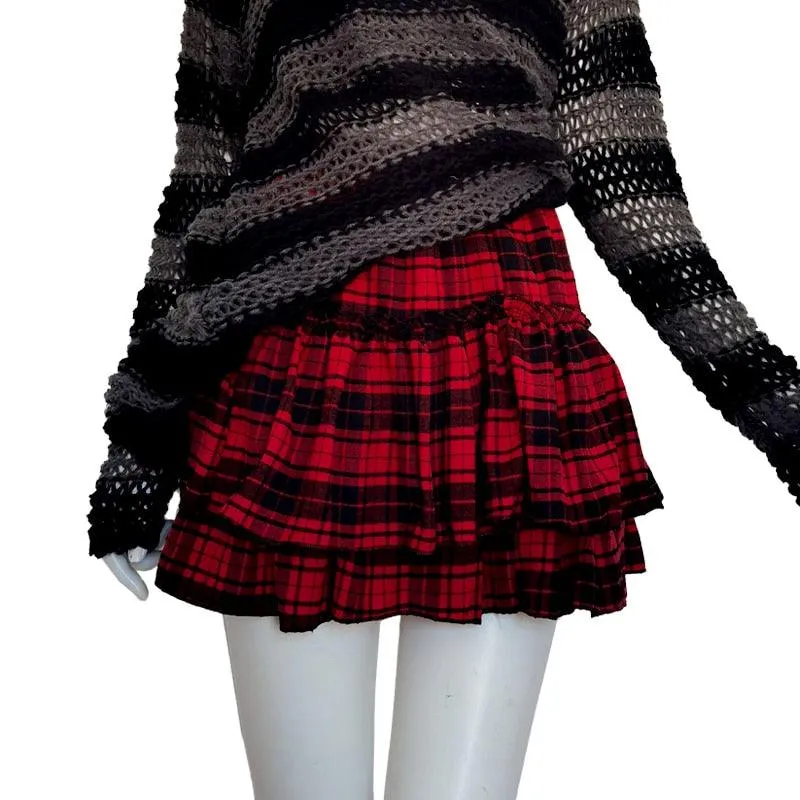 Unleash Your Dark Gothic Side with Our Ruffled Elastic Waist Striped Plaid Mini Skirt