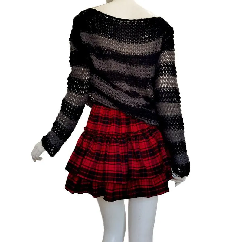 Unleash Your Dark Gothic Side with Our Ruffled Elastic Waist Striped Plaid Mini Skirt