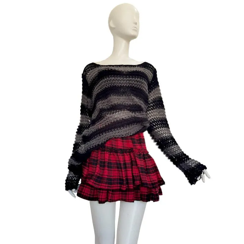 Unleash Your Dark Gothic Side with Our Ruffled Elastic Waist Striped Plaid Mini Skirt