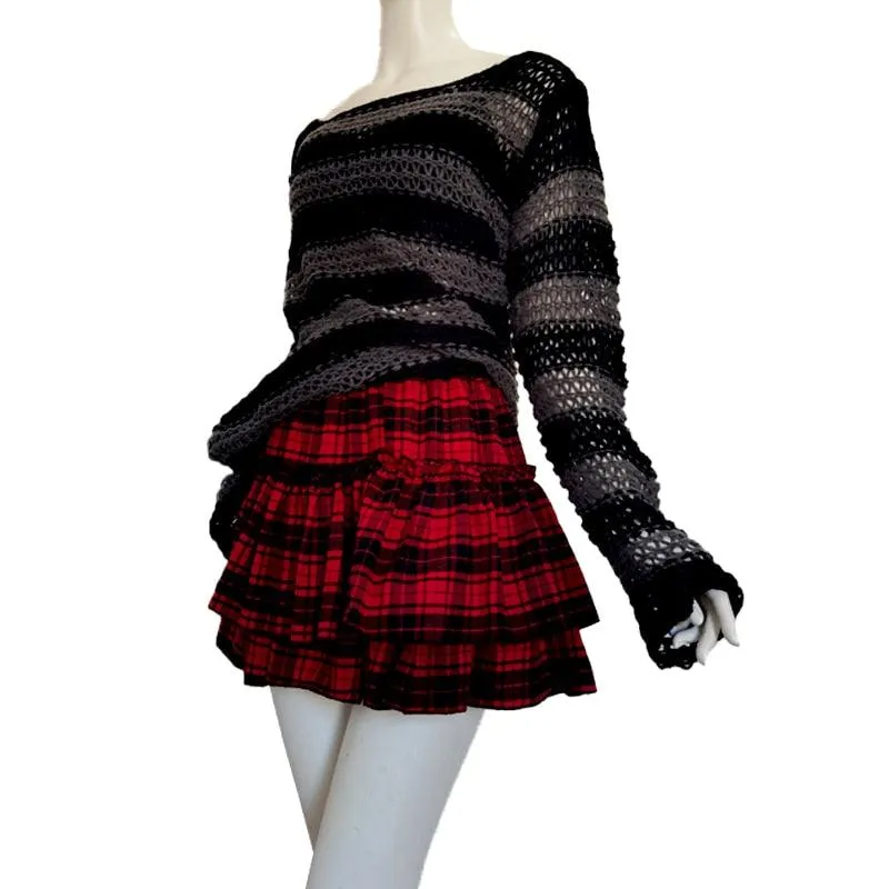 Unleash Your Dark Gothic Side with Our Ruffled Elastic Waist Striped Plaid Mini Skirt