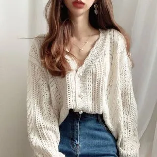 V-Neck Pointelle Knit Cardigan MK19178