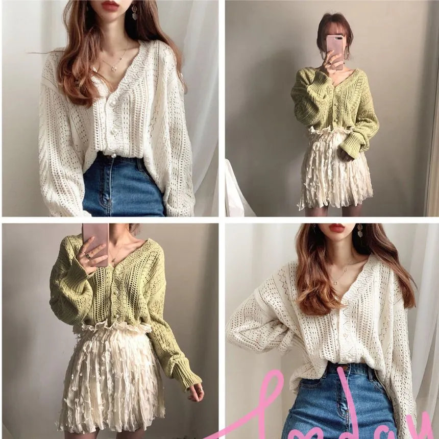 V-Neck Pointelle Knit Cardigan MK19178