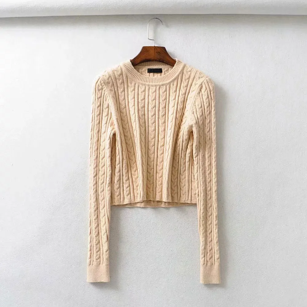 Women O-Neck Knitted Jacquard Sweater Solid Pullovers Pull Cropped Tops