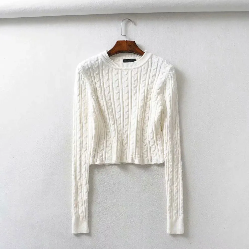 Women O-Neck Knitted Jacquard Sweater Solid Pullovers Pull Cropped Tops