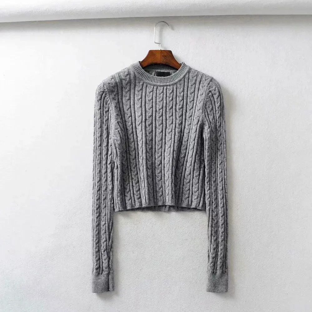 Women O-Neck Knitted Jacquard Sweater Solid Pullovers Pull Cropped Tops