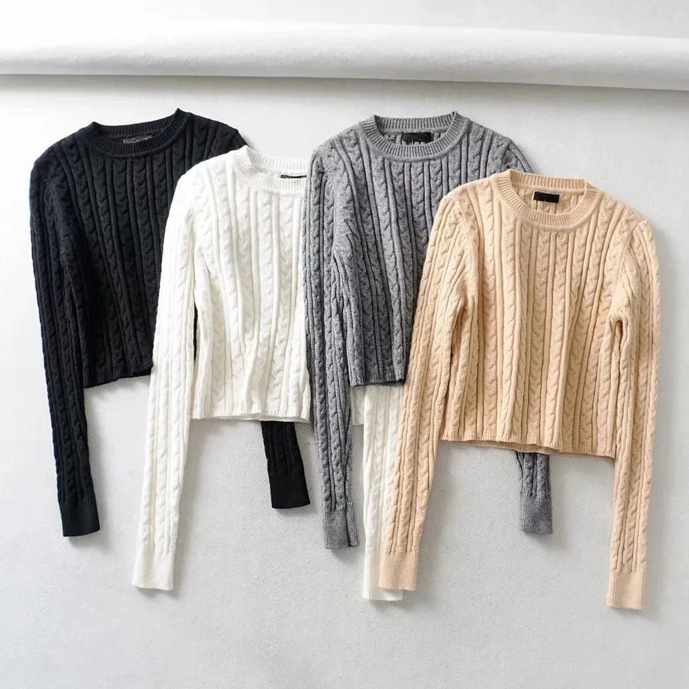 Women O-Neck Knitted Jacquard Sweater Solid Pullovers Pull Cropped Tops