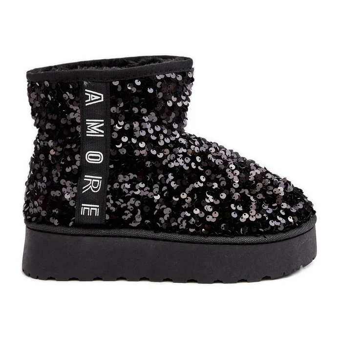 Women's Platform Snow Boots Decorated with Sequins, Black Silmo