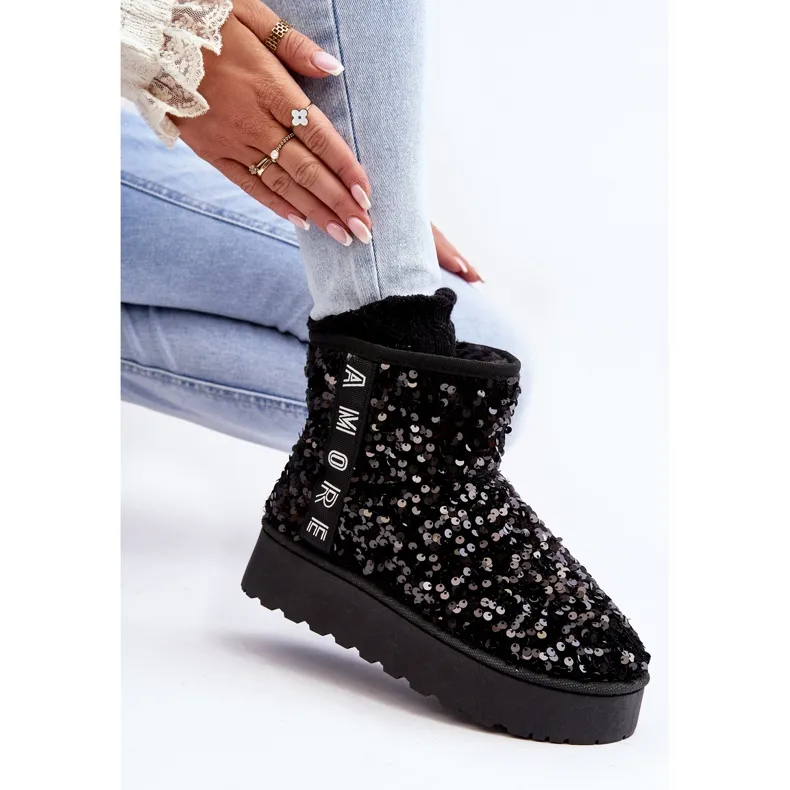 Women's Platform Snow Boots Decorated with Sequins, Black Silmo