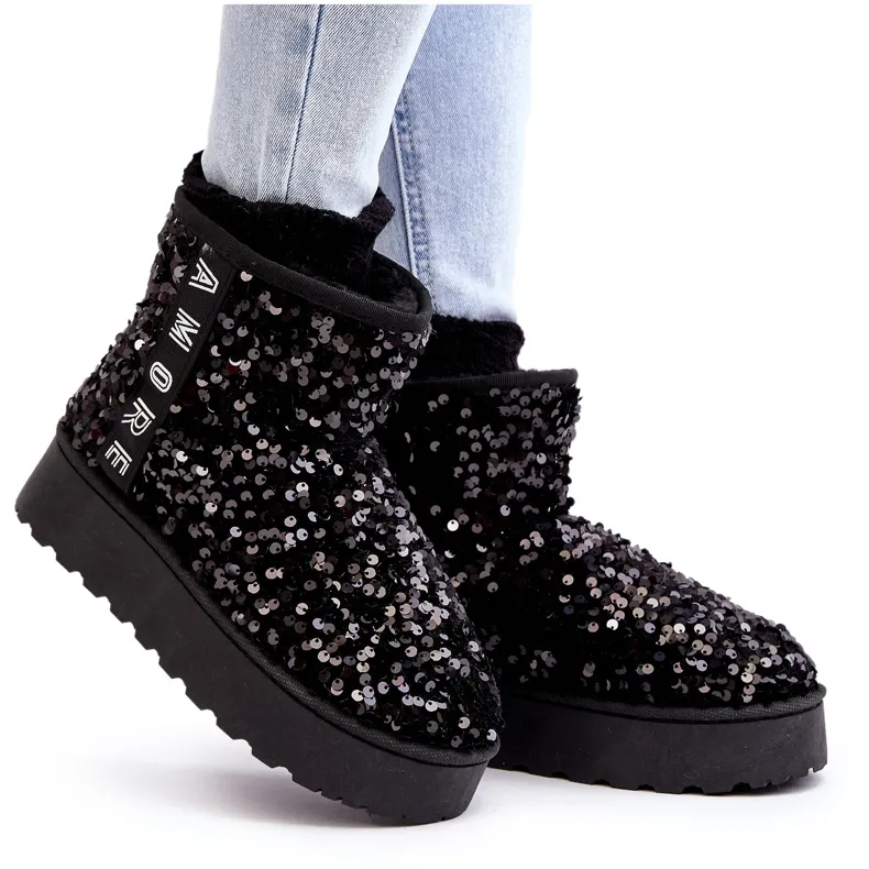 Women's Platform Snow Boots Decorated with Sequins, Black Silmo