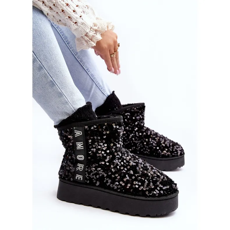 Women's Platform Snow Boots Decorated with Sequins, Black Silmo