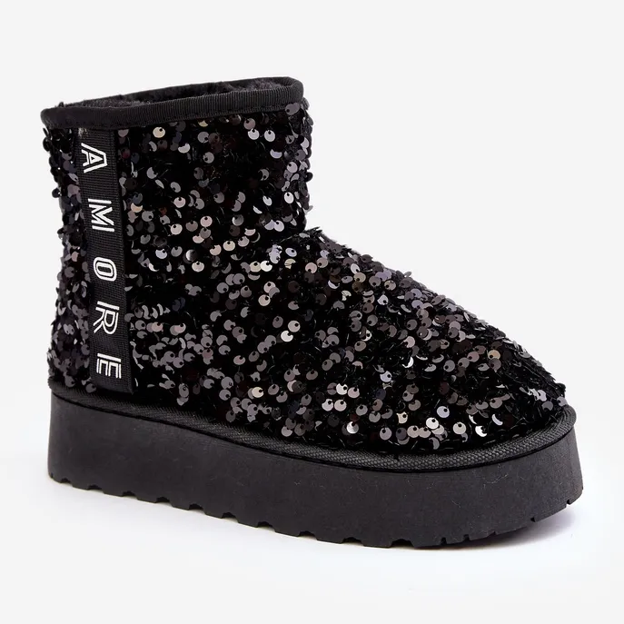 Women's Platform Snow Boots Decorated with Sequins, Black Silmo