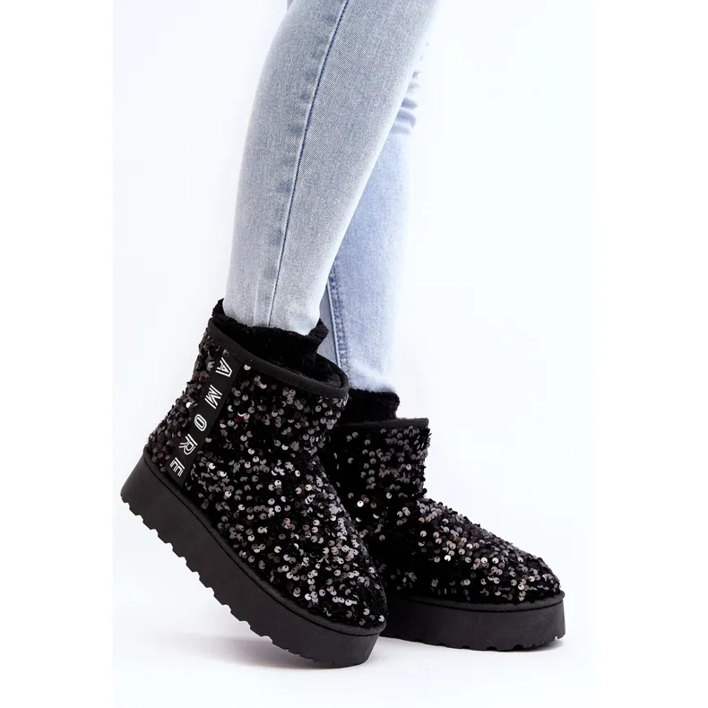 Women's Platform Snow Boots Decorated with Sequins, Black Silmo