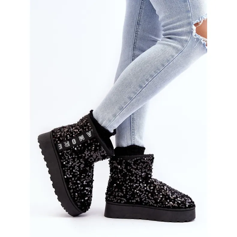 Women's Platform Snow Boots Decorated with Sequins, Black Silmo