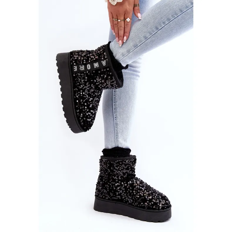 Women's Platform Snow Boots Decorated with Sequins, Black Silmo