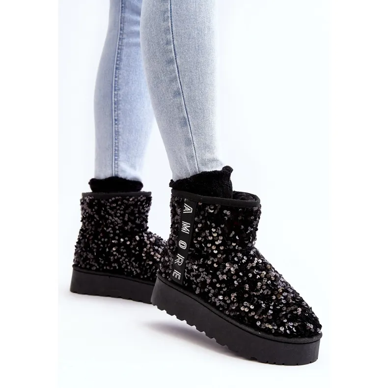 Women's Platform Snow Boots Decorated with Sequins, Black Silmo