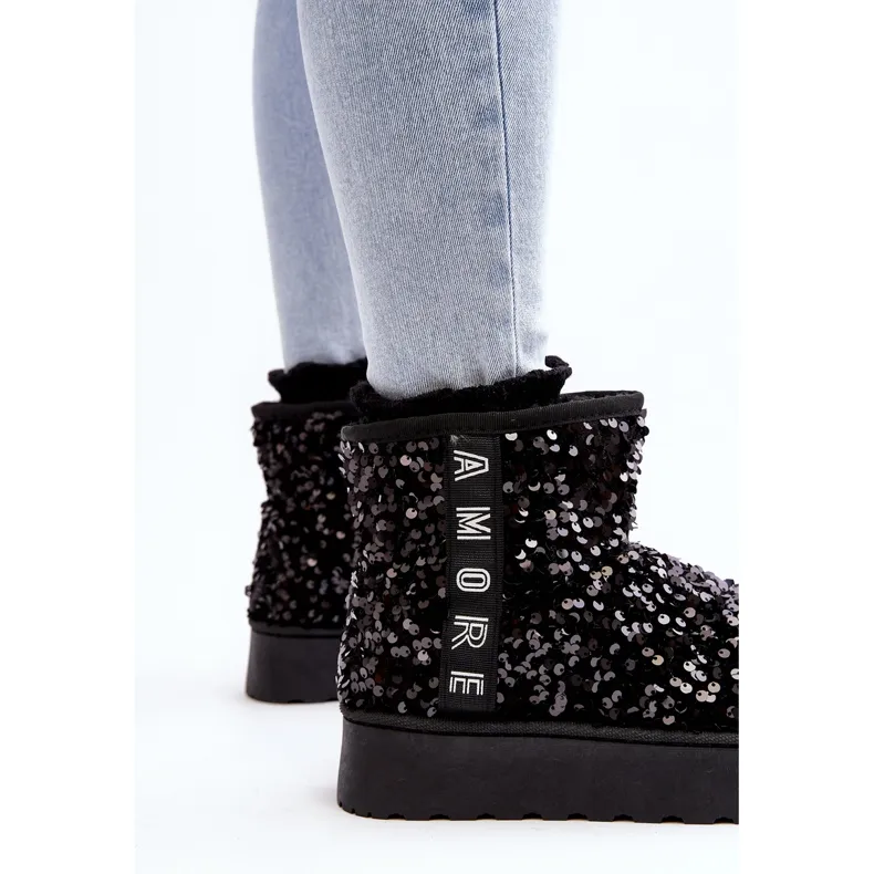 Women's Platform Snow Boots Decorated with Sequins, Black Silmo