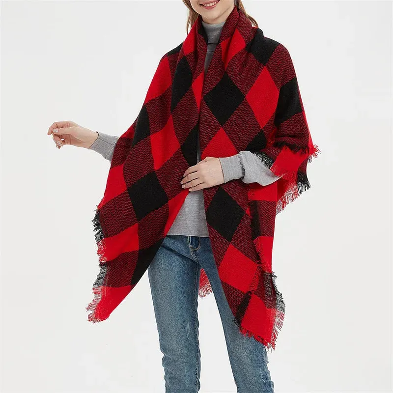 Women's Luxury Cashmere Plaid Pattern Thick Warm Winter Shawl