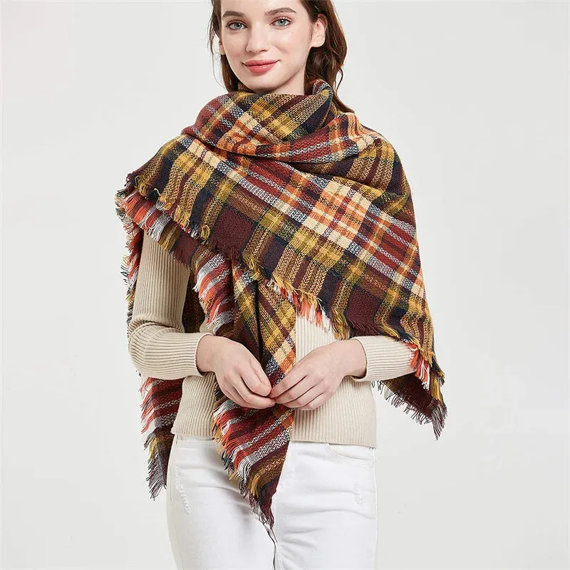 Women's Luxury Cashmere Plaid Pattern Thick Warm Winter Shawl