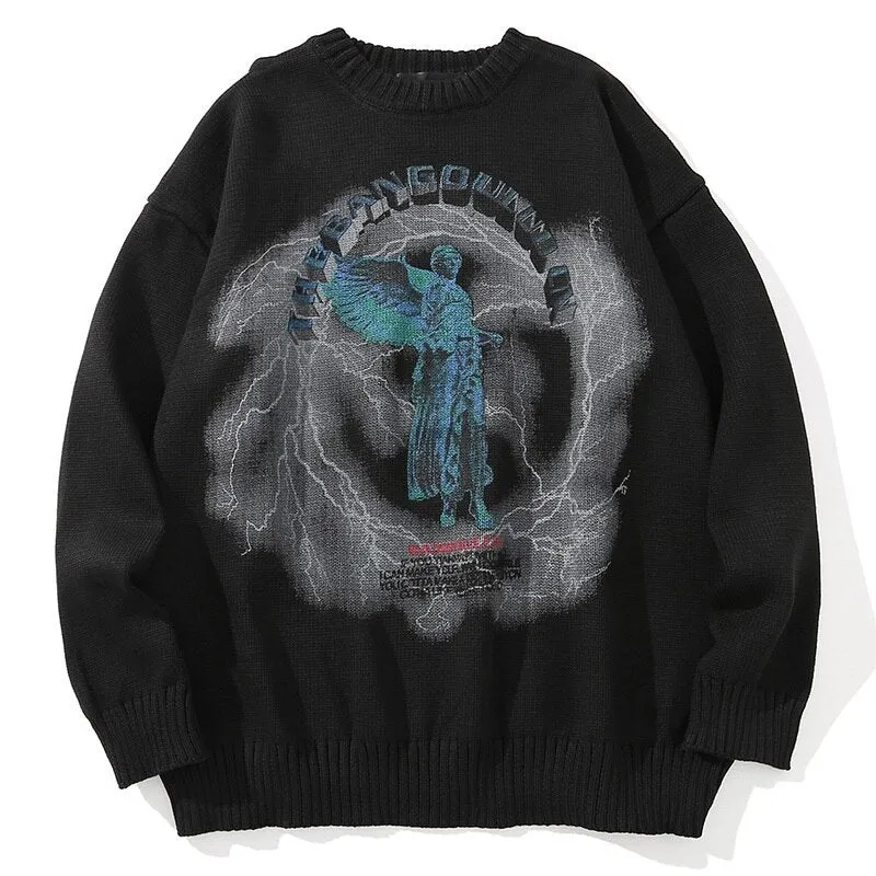 Xituodai Men Hip Hop Knitted Jumper Sweaters Angel Lightning Printed Streetwear Harajuku Autumn Oversize Hipster Casual Pullover