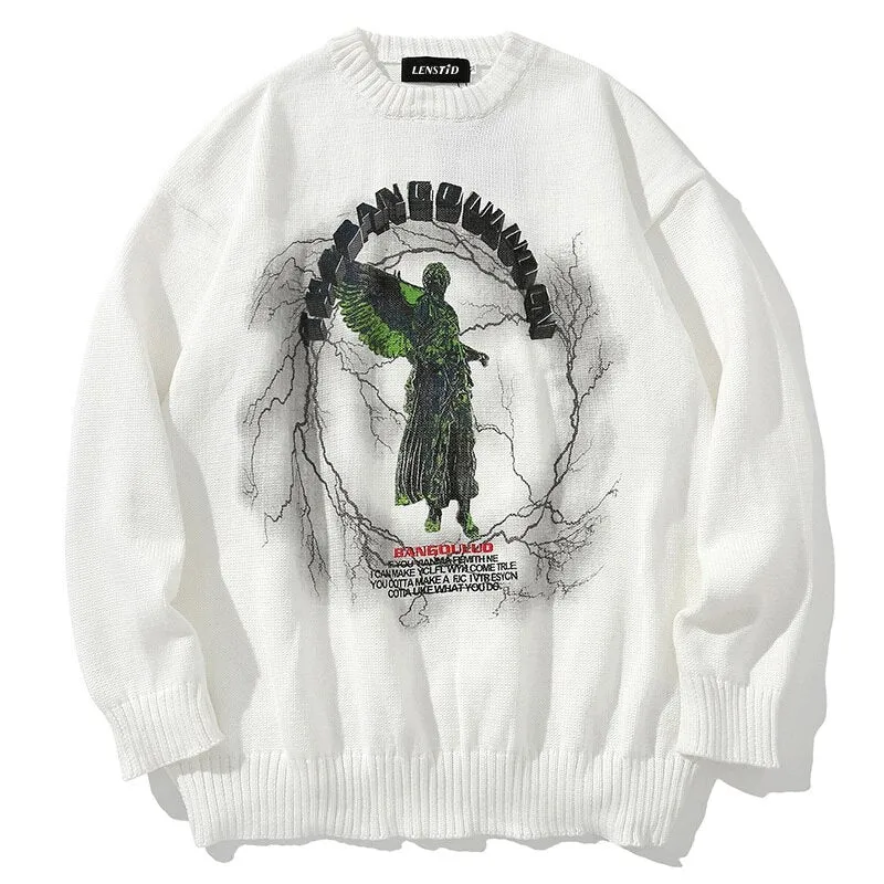 Xituodai Men Hip Hop Knitted Jumper Sweaters Angel Lightning Printed Streetwear Harajuku Autumn Oversize Hipster Casual Pullover