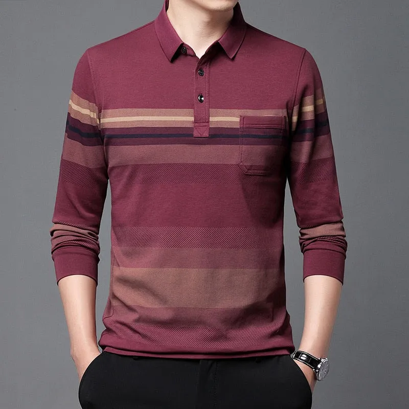 Xituodai New Arrival 2022 Autumn Men's Long Sleeve Polo Shirts High Quality Casual Striped Polos for Husband/Father Pullovers Br