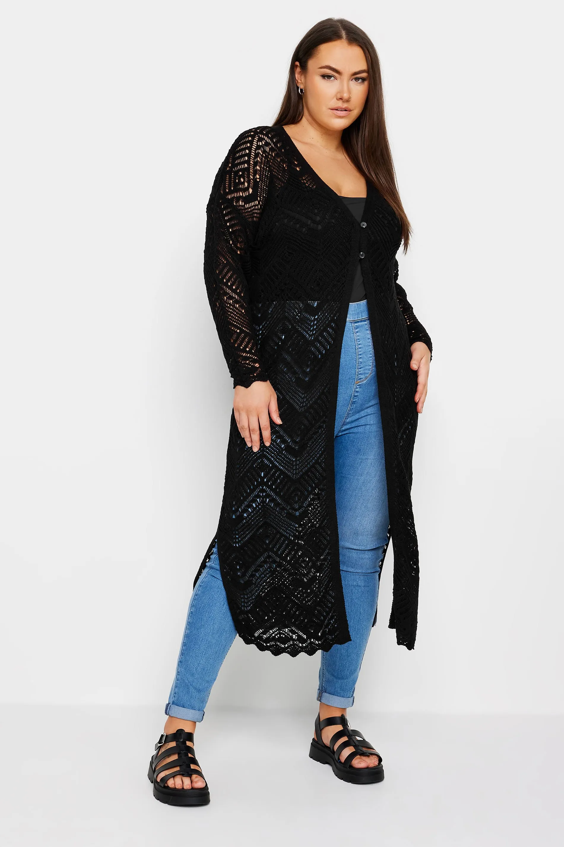 YOURS Curve Black Maxi Crochet Cardigan