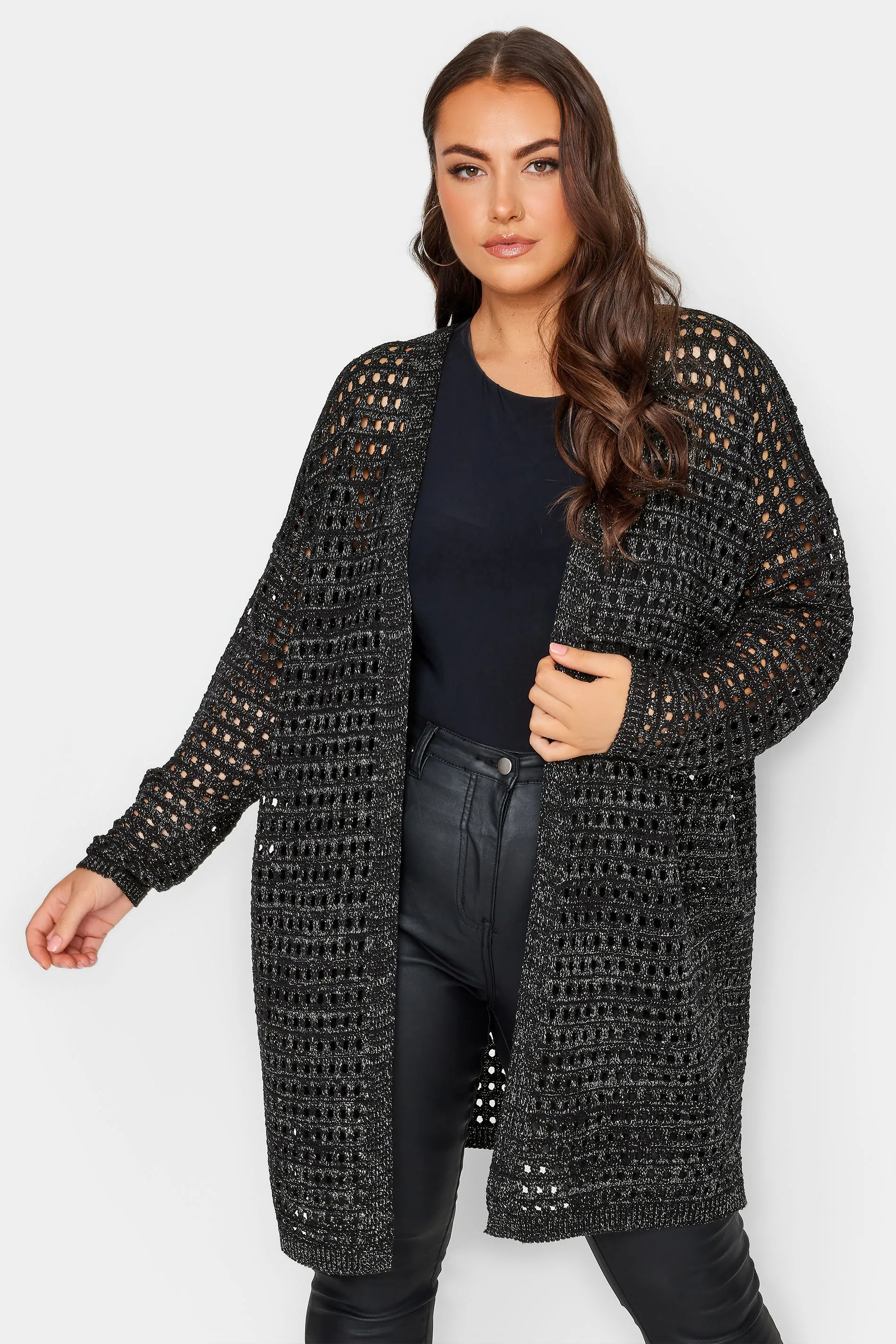 YOURS Curve Black Metallic Crochet Cardigan