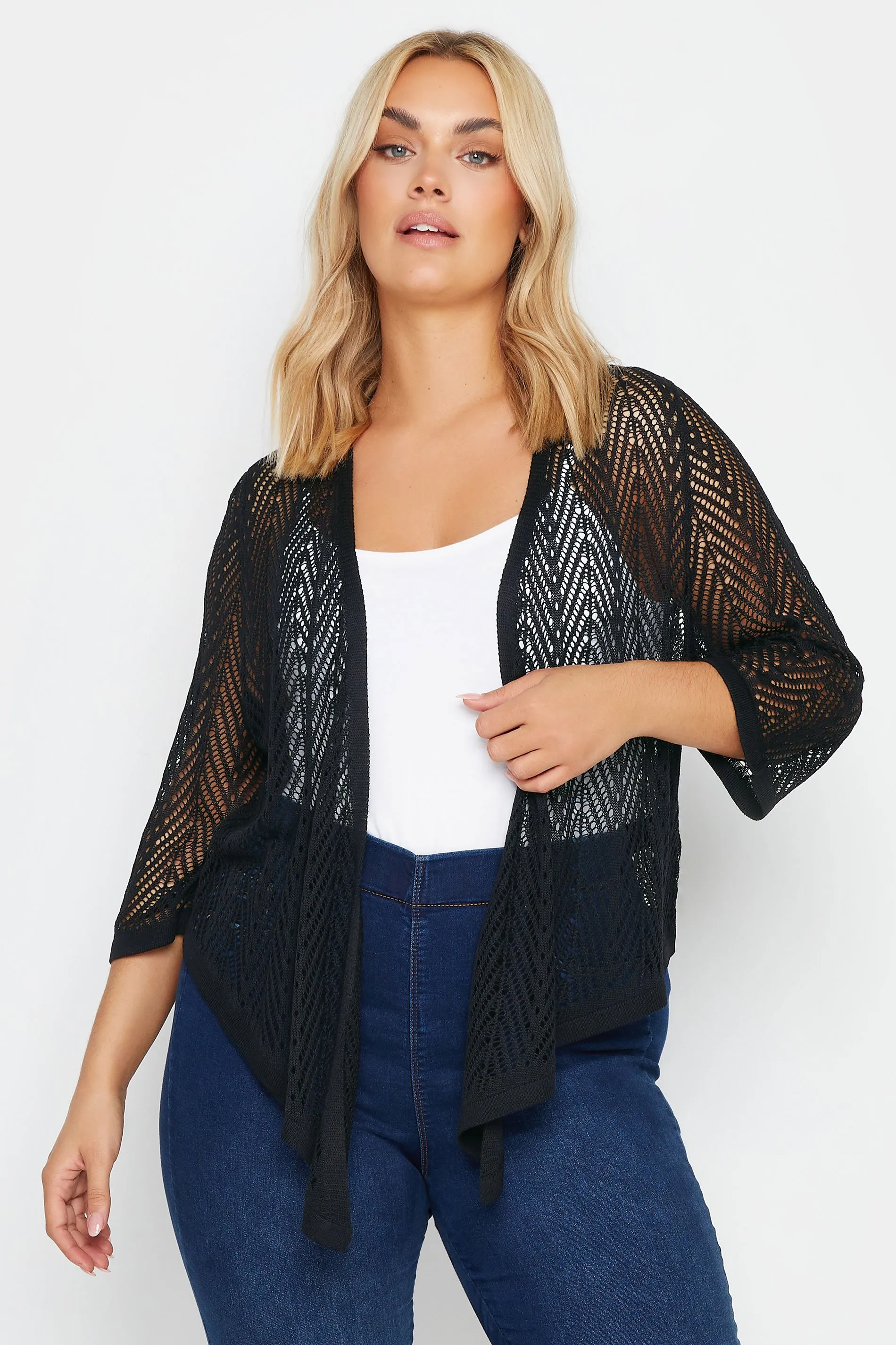 YOURS Curve Black Pointelle Waterfall Cardigan