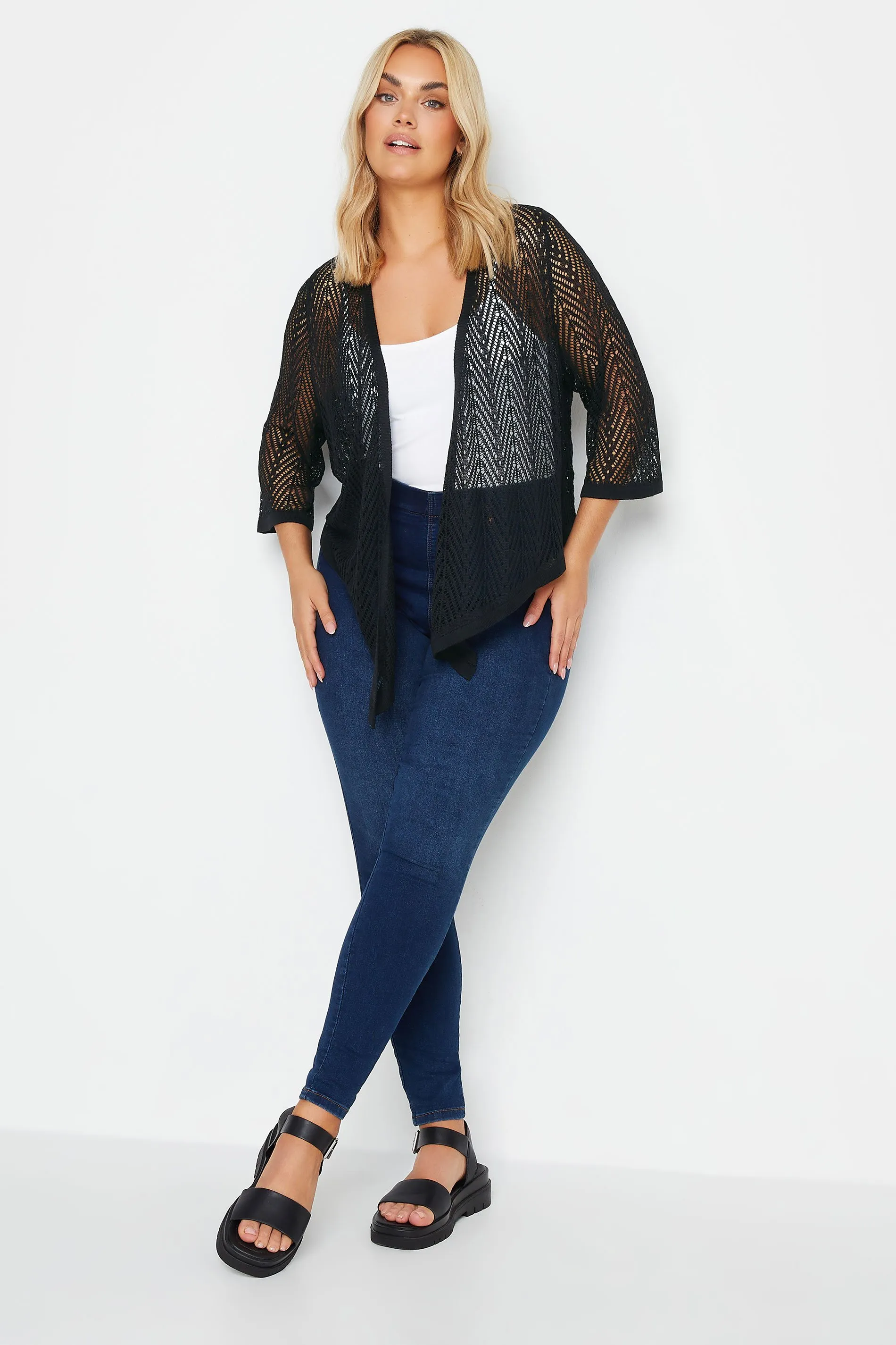 YOURS Curve Black Pointelle Waterfall Cardigan