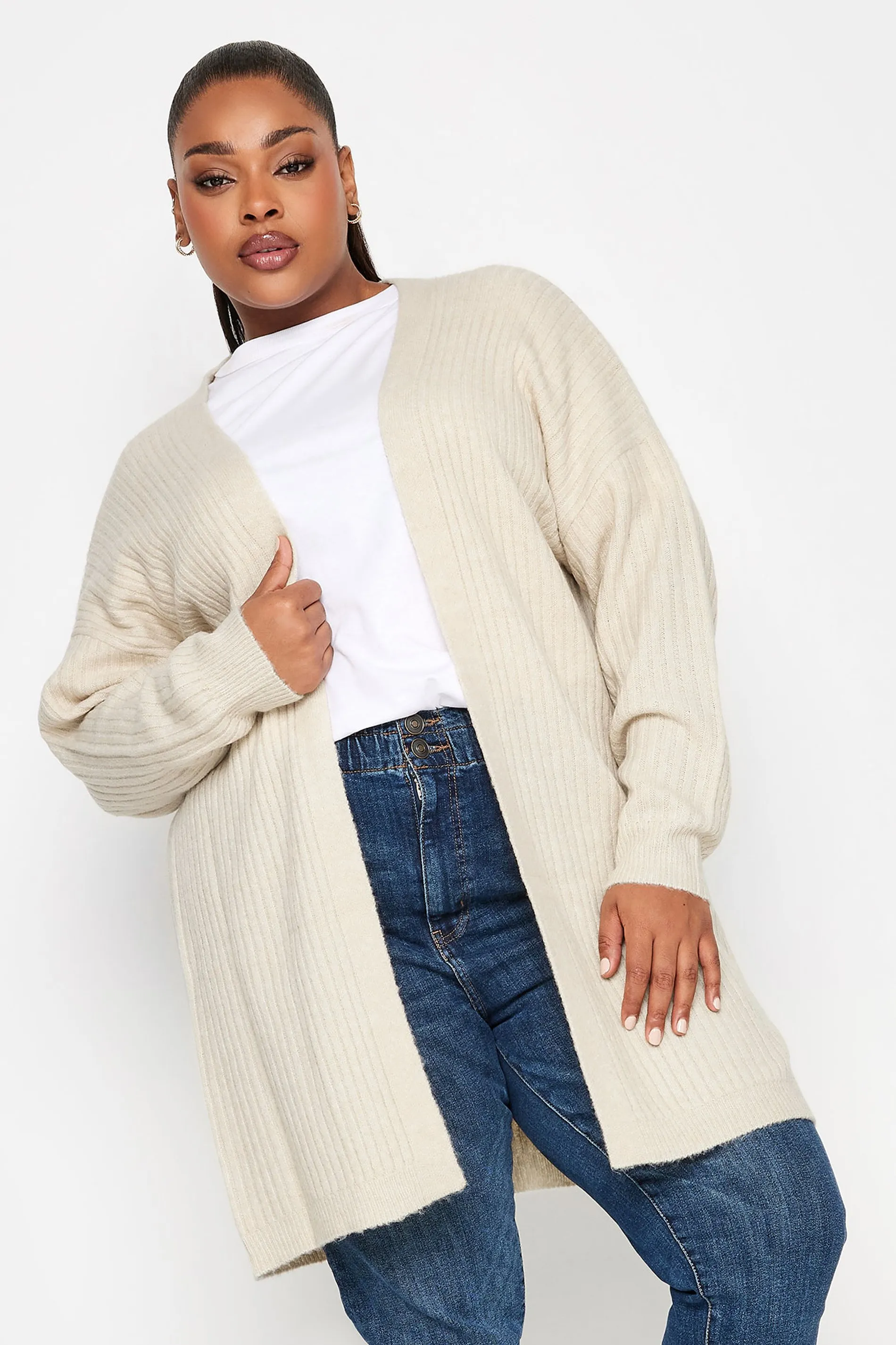 YOURS Curve Cream Ribbed Knit Cardigan