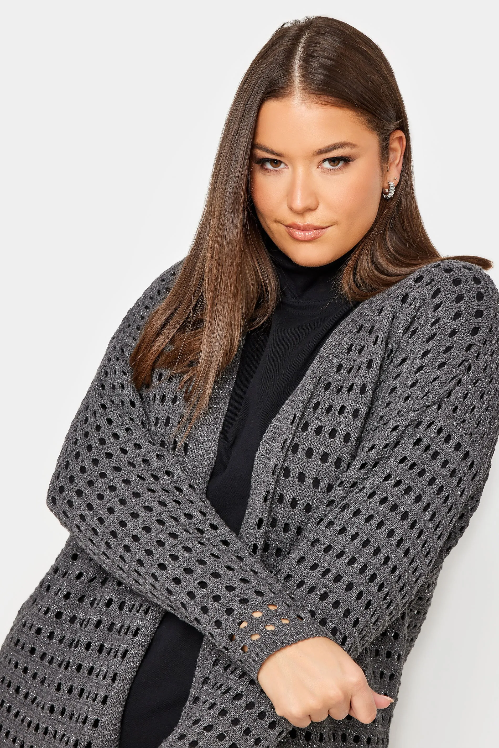 YOURS Curve Grey Metallic Crochet Cardigan