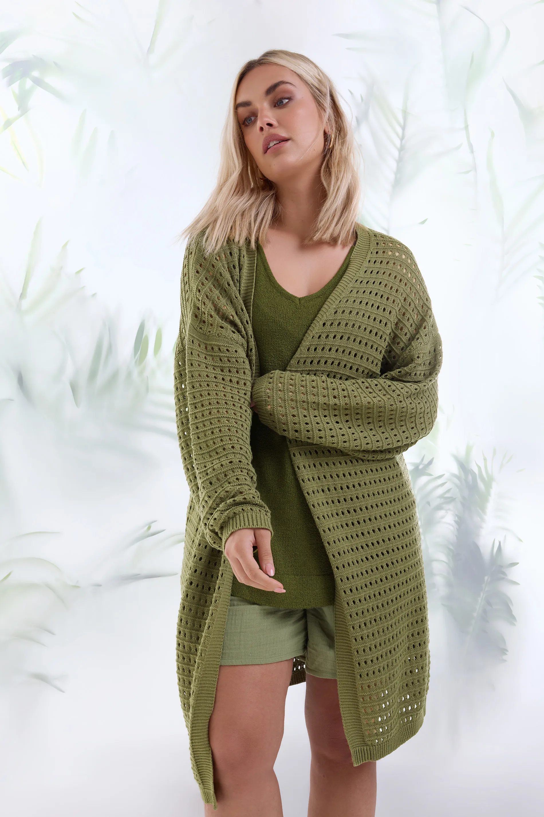 YOURS Curve Khaki Green Crochet Cardigan