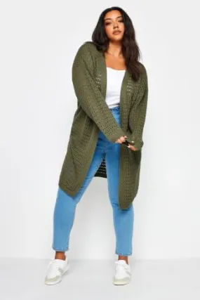 YOURS Curve Khaki Green Crochet Cardigan