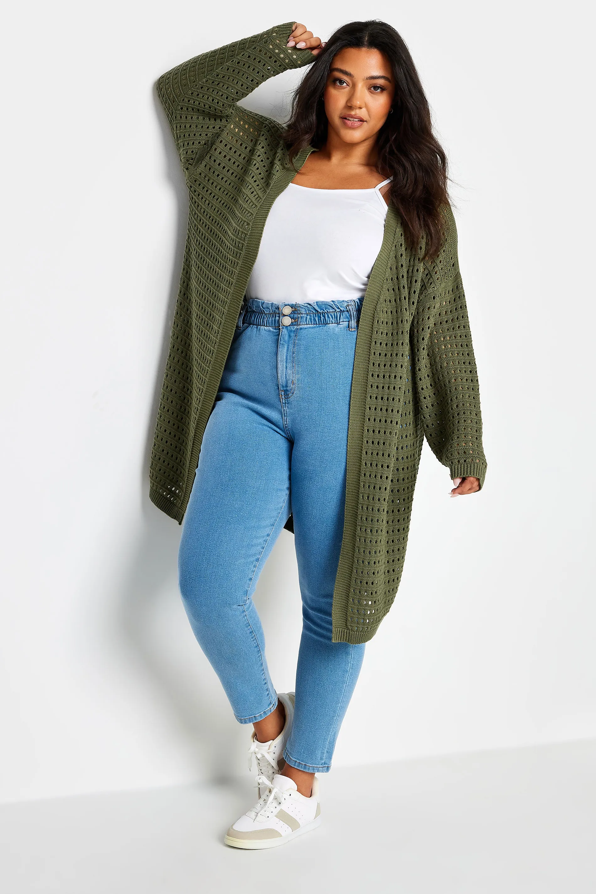 YOURS Curve Khaki Green Crochet Cardigan