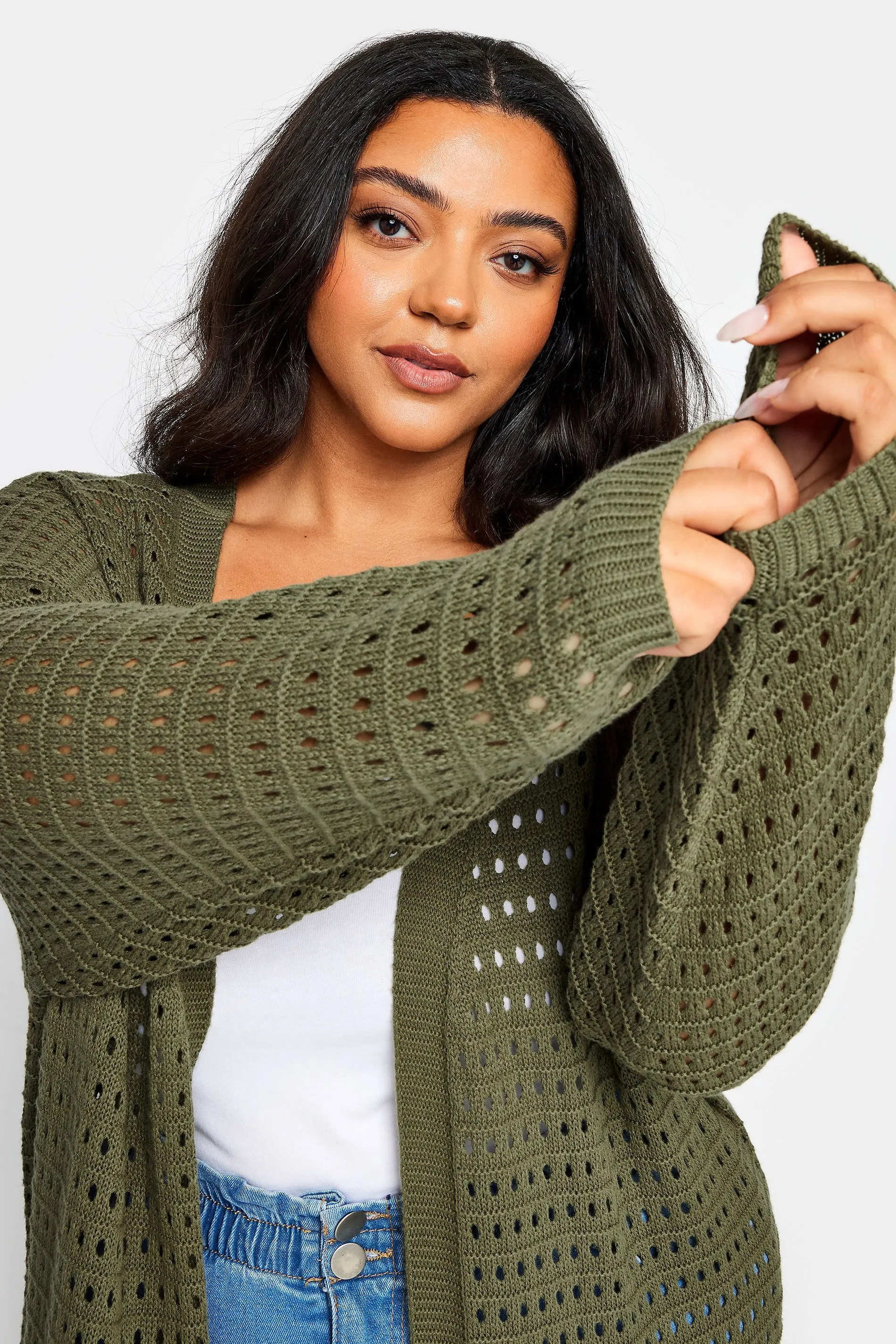 YOURS Curve Khaki Green Crochet Cardigan