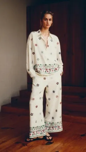 ZARA  |Flower Patterns Casual Style Linen Long Sleeves