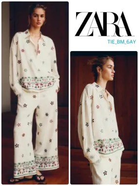 ZARA  |Flower Patterns Casual Style Linen Long Sleeves